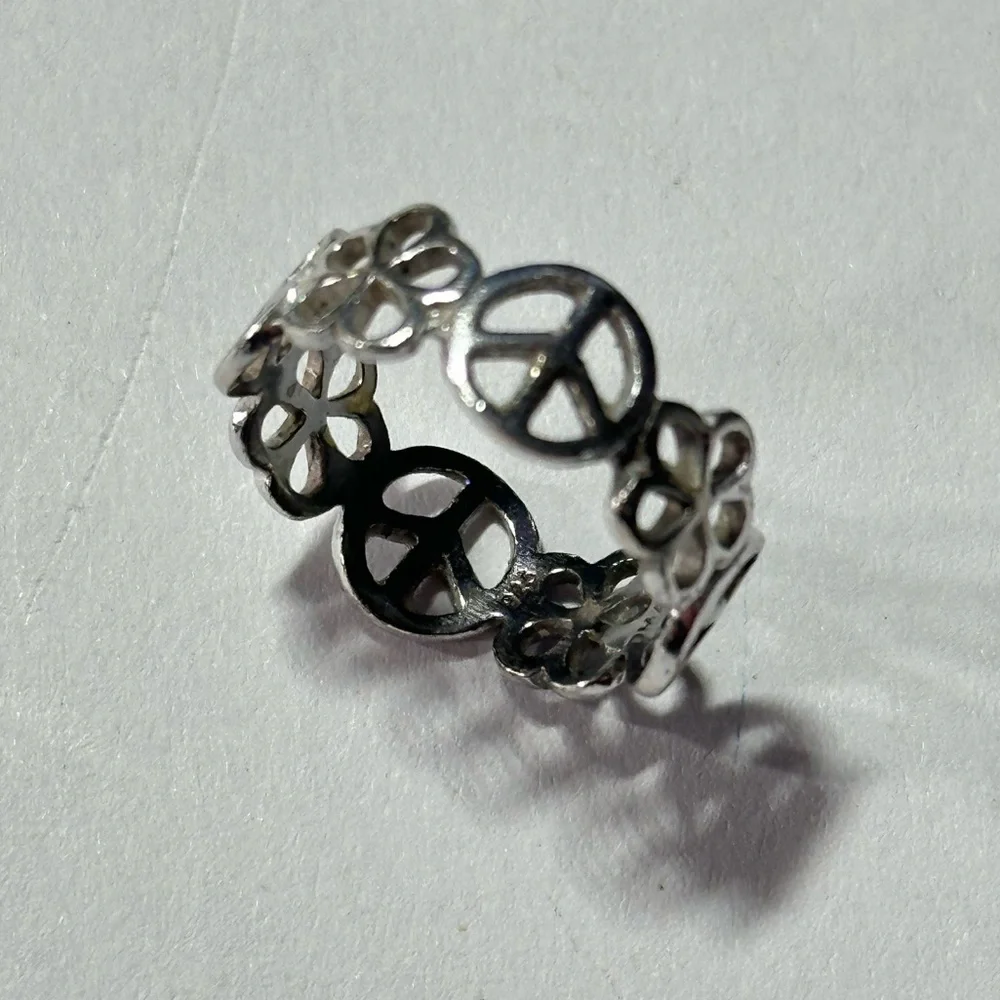 925 Silver Peace & Flower Ring Thailand Pinky Ring Y2K Kidcore Size 6.75